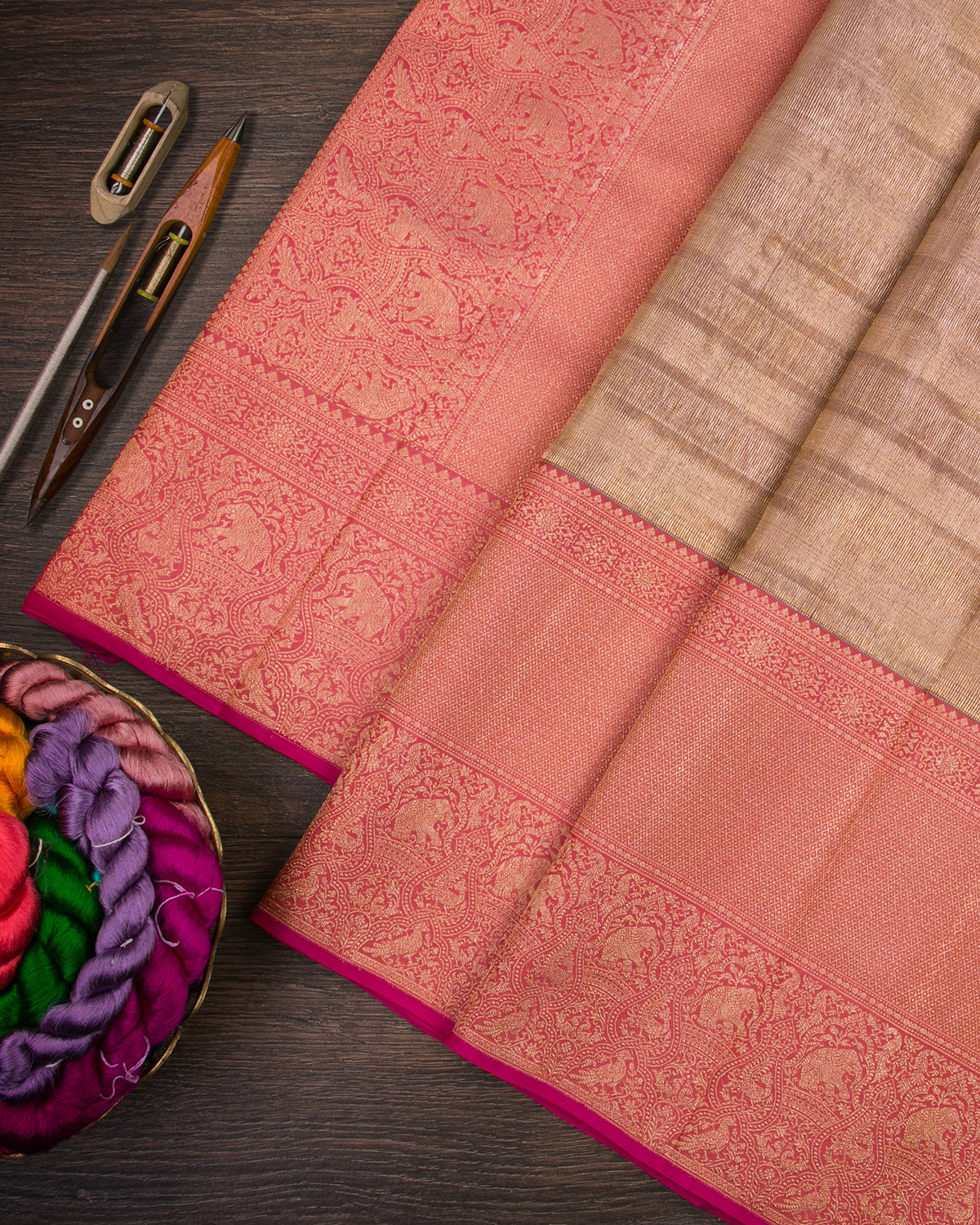 Antique Gold And Peachy Pink Shimmer Organza Kanjivaram Silk Saree - S1347( C )