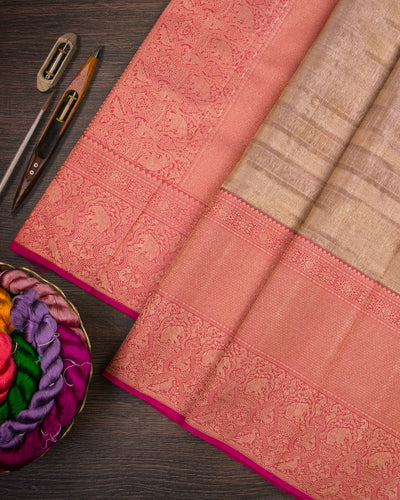 Antique Gold And Peachy Pink Shimmer Organza Kanjivaram Silk Saree - S1347( C )