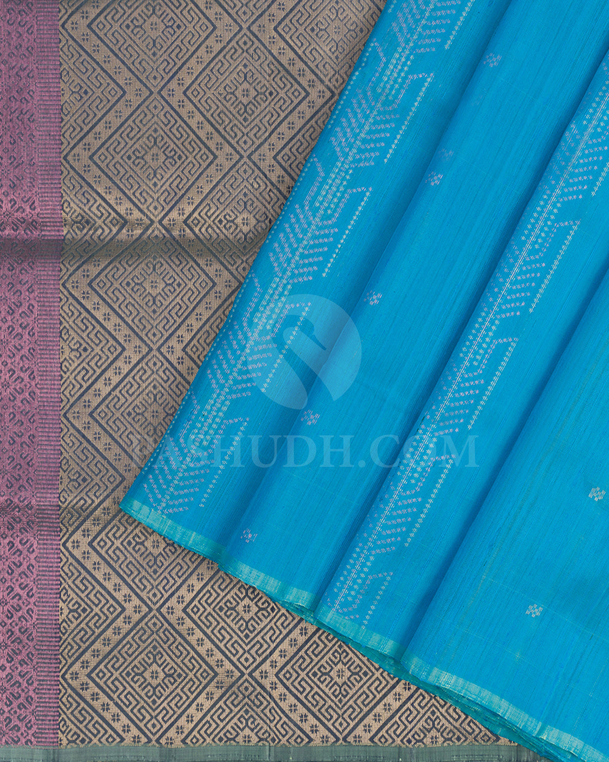 Turquoise Blue and Grey Dupion Soft Silk Saree - AC98