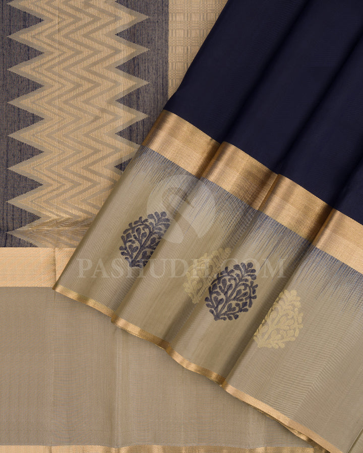 Navy Blue and Greige Soft Silk Saree - AC46