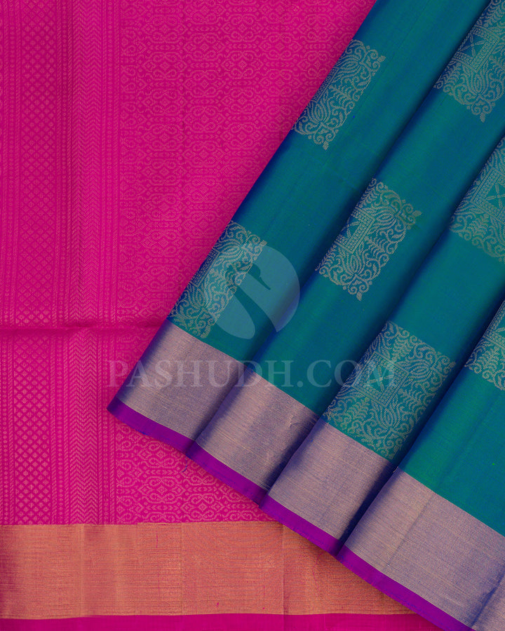 Blue Green and Rani Pink Sof Silk Saree - AC71