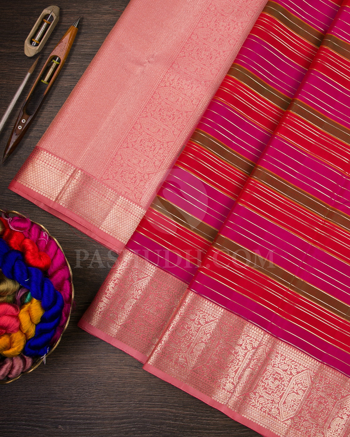 Pink, Red, Green And Peachy Pink Kanjivaram Silk Saree - S1388(A)