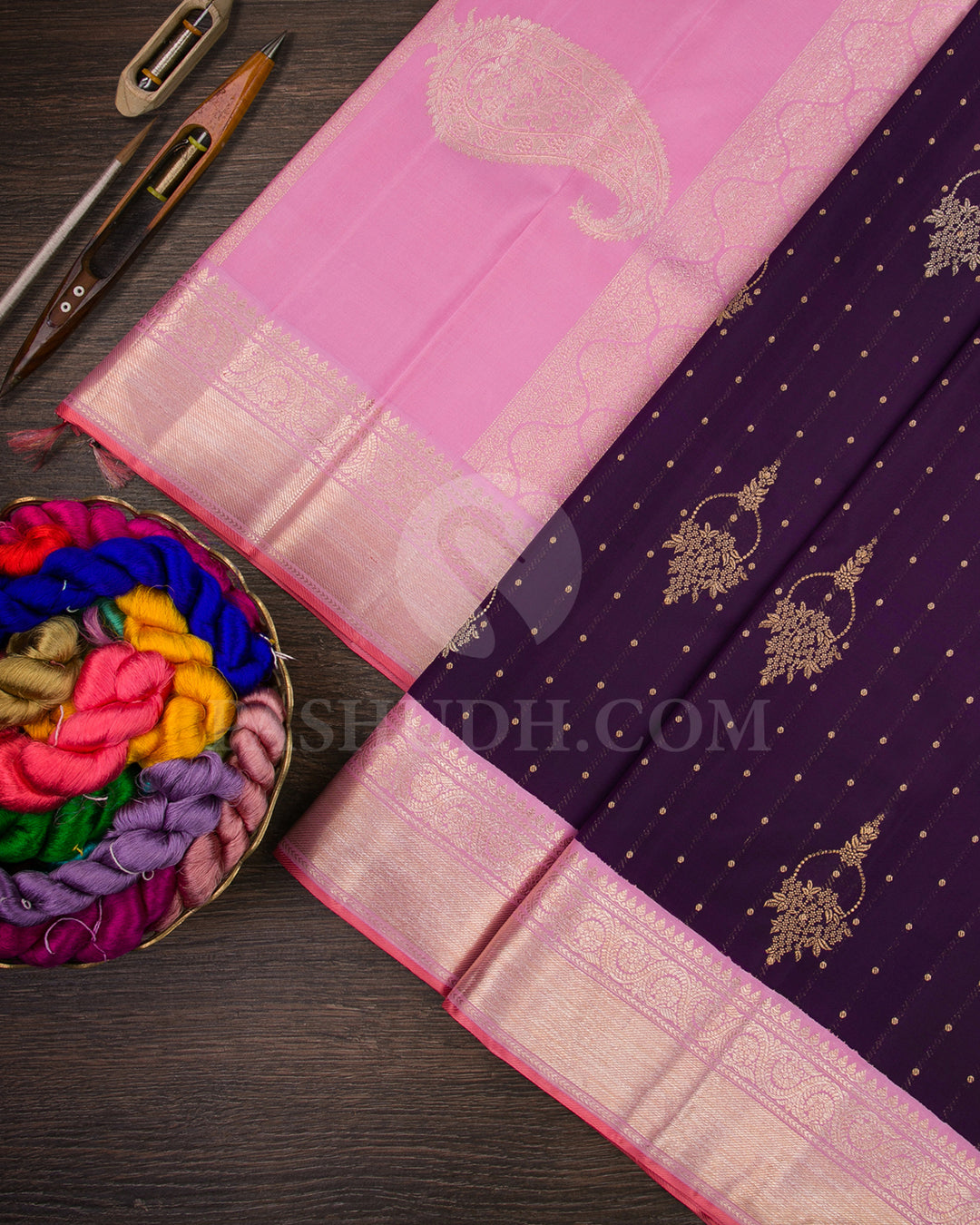 EggPlant Purple And Baby Pink Kanjivaram Silk Saree - S1173( C )