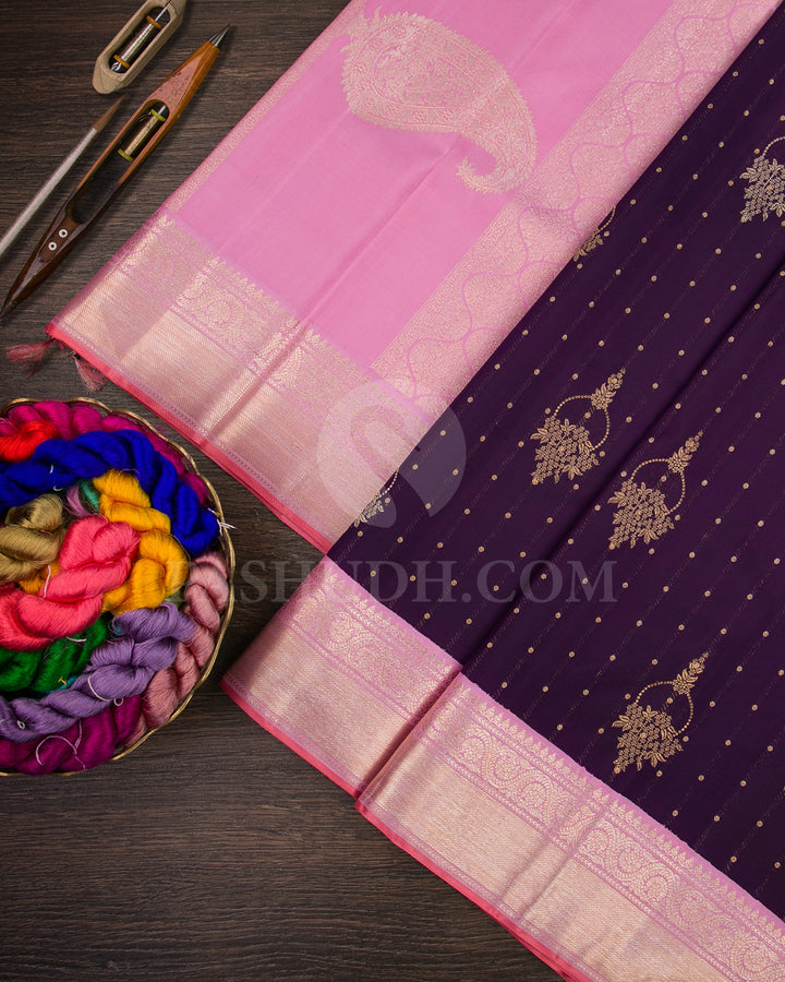 EggPlant Purple And Baby Pink Kanjivaram Silk Saree - S1173( C )