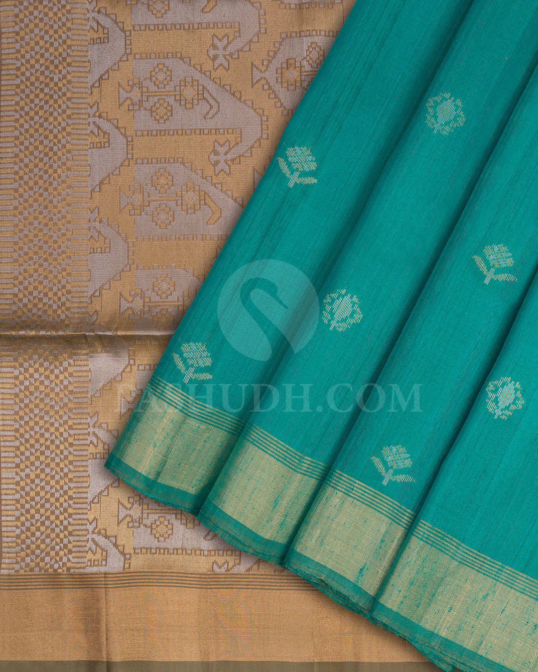 Prussian Green and Khaki Dupion Soft Silk Saree - AC50