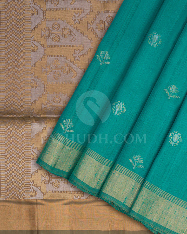 Prussian Green and Khaki Dupion Soft Silk Saree - AC50