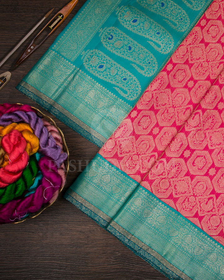 Watermelon Pink And Turquoise Blue Kanjivaram Silk Saree - S1308(A)