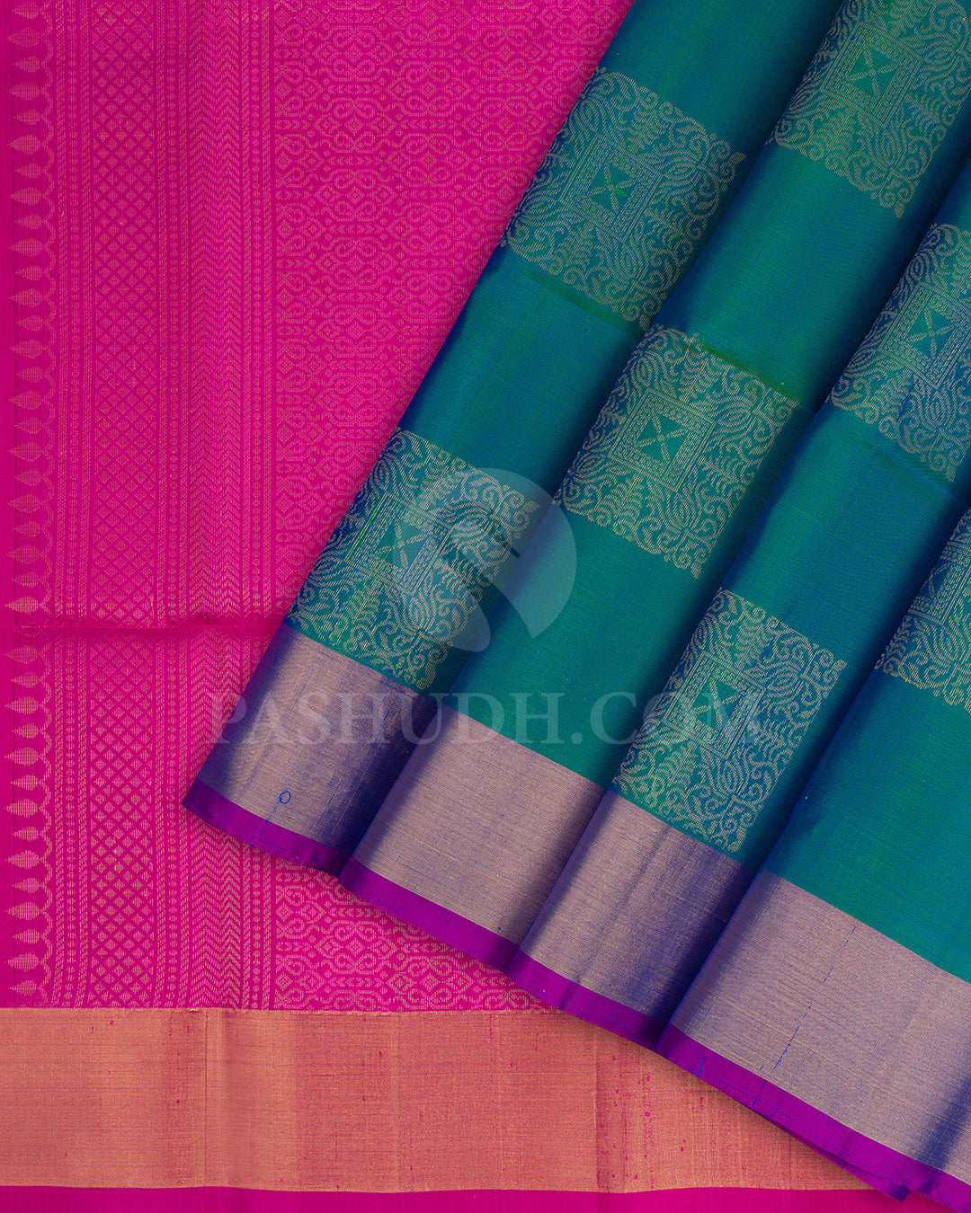 Greenish Blue and Rani Pink Soft Silk Saree - AC78