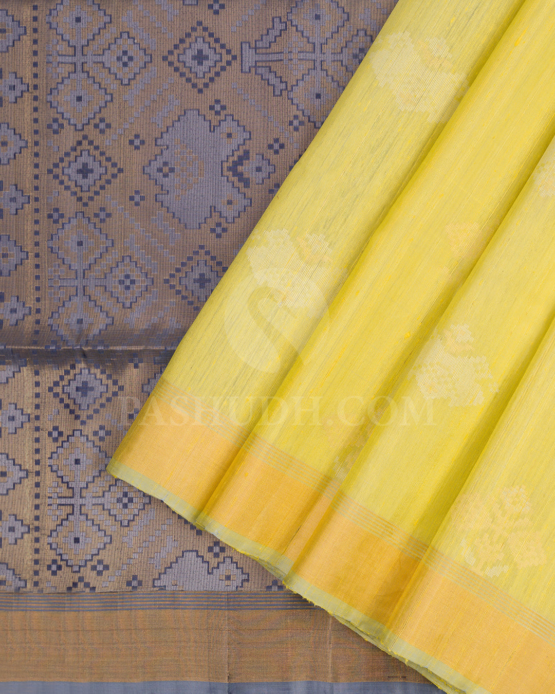 Grey and Fluroscent Yellow Dupion Soft Silk Saree - AC12