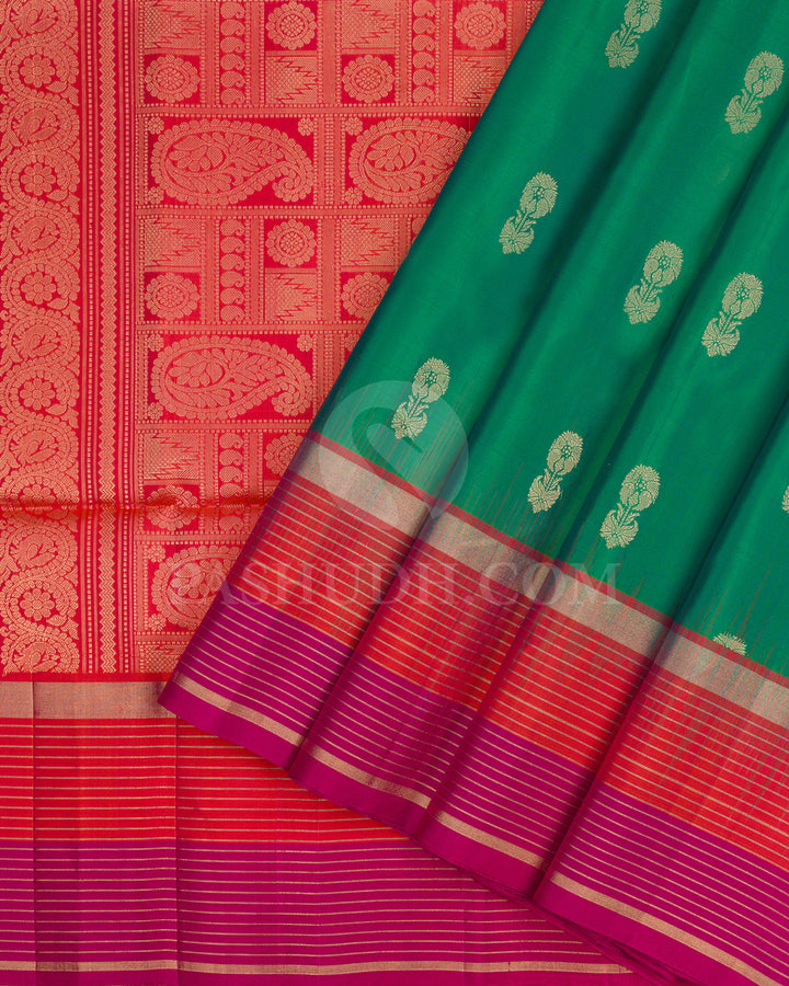 Dual Tone Green, Orange and Rani Pink Soft Silk Saree - AC100