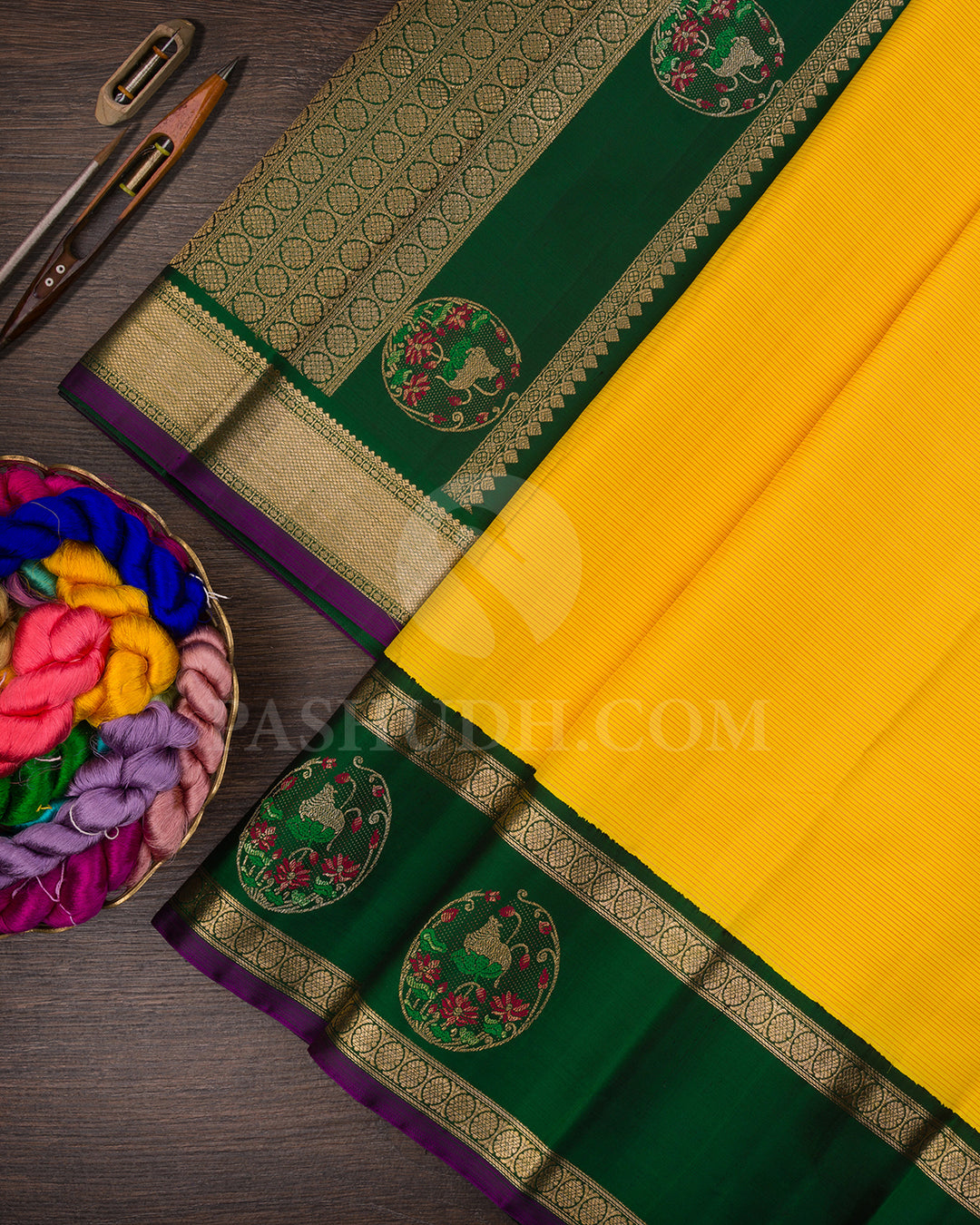 Bright Yellow And Bottle Green Kanjivaram Silk Saree - S1396(A)