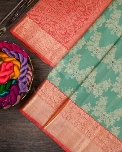 Pastel Teal, Blue And Rust Orange Kanjivaram Silk Saree - S1093( C )