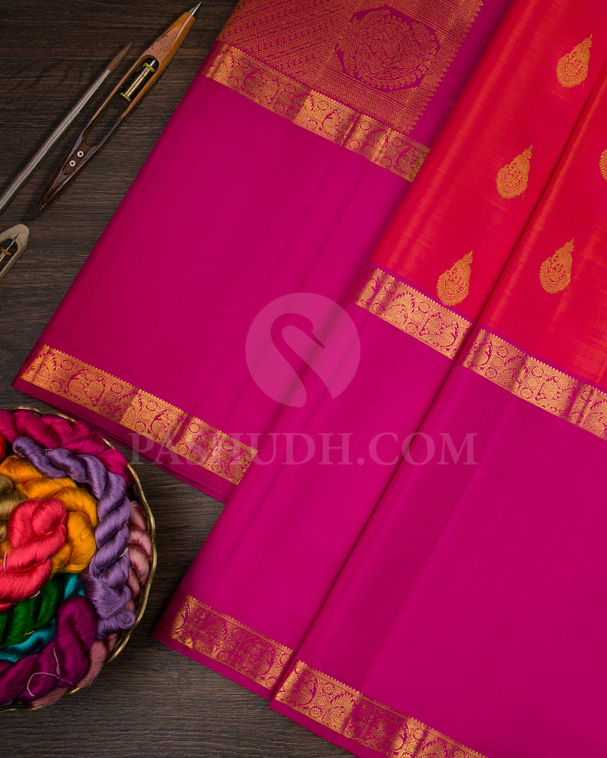 Pink Shot Orange And Rani Pink Traditional Kanjivaram Silk Saree - SVJ75