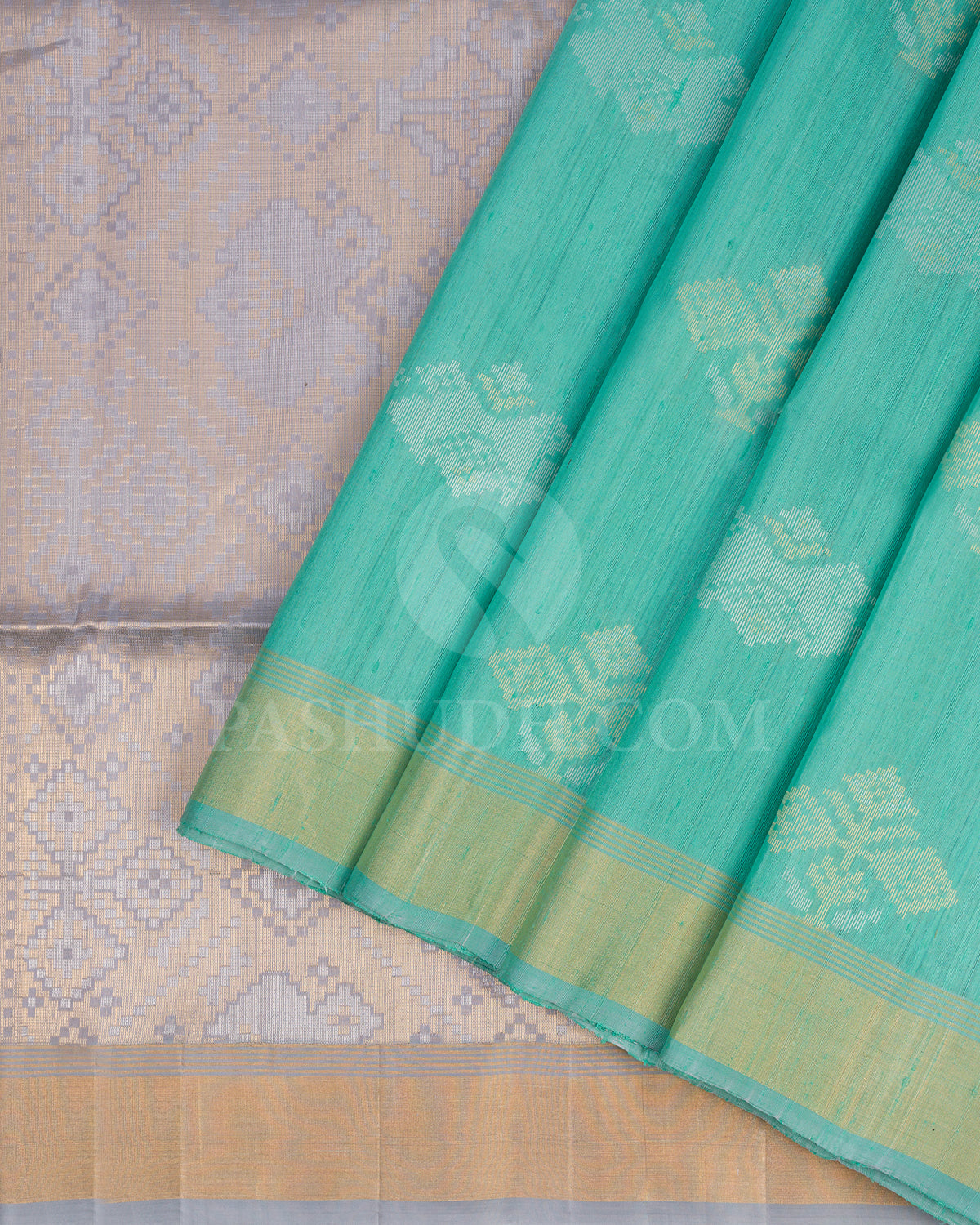 Cyan and Grey Dupion Soft Silk Saree - AC90