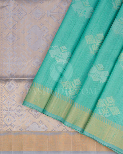 Cyan and Grey Dupion Soft Silk Saree - AC90