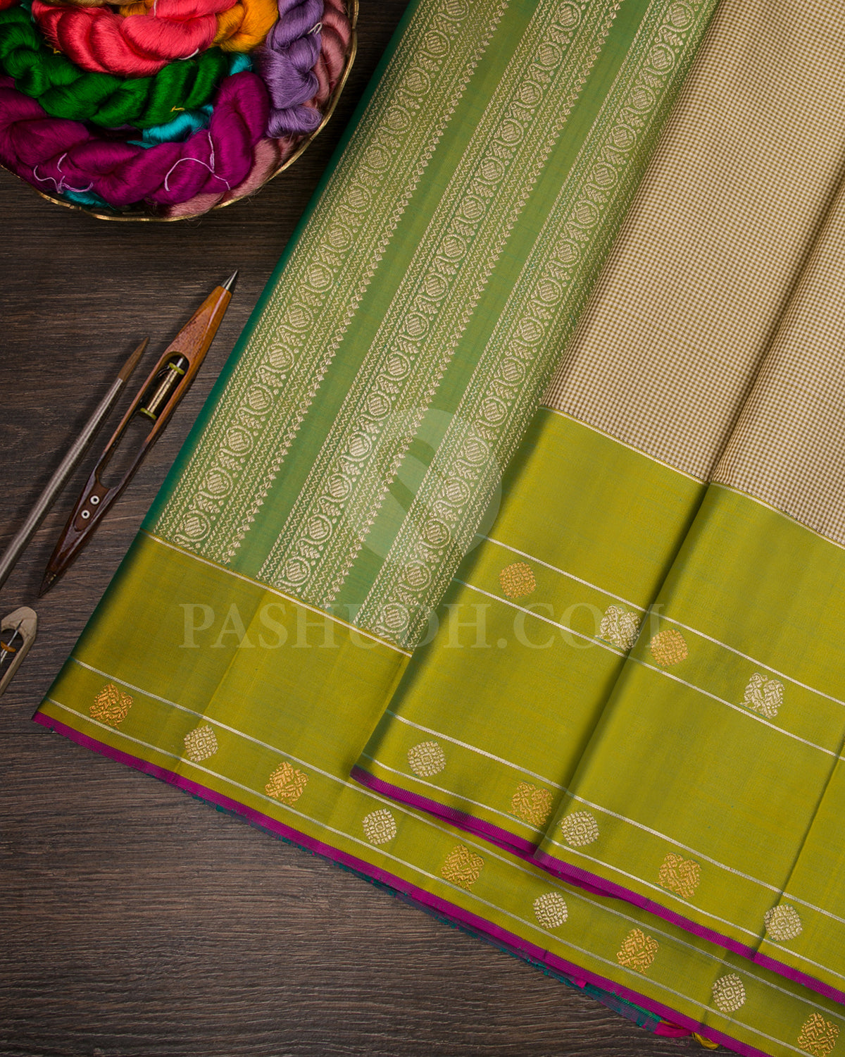 Off White, Beige Checkered And Alli Green Kanjivaram Silk Saree - S1361(A)