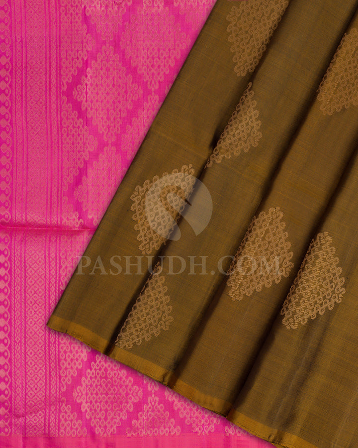 Moss Green and Peachy Pink Soft Silk Saree - AC58