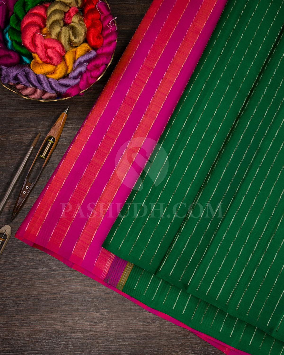 Forest Green And Rani Pink Borderless Traditional Kanjivaram Silk Saree - SVJ91