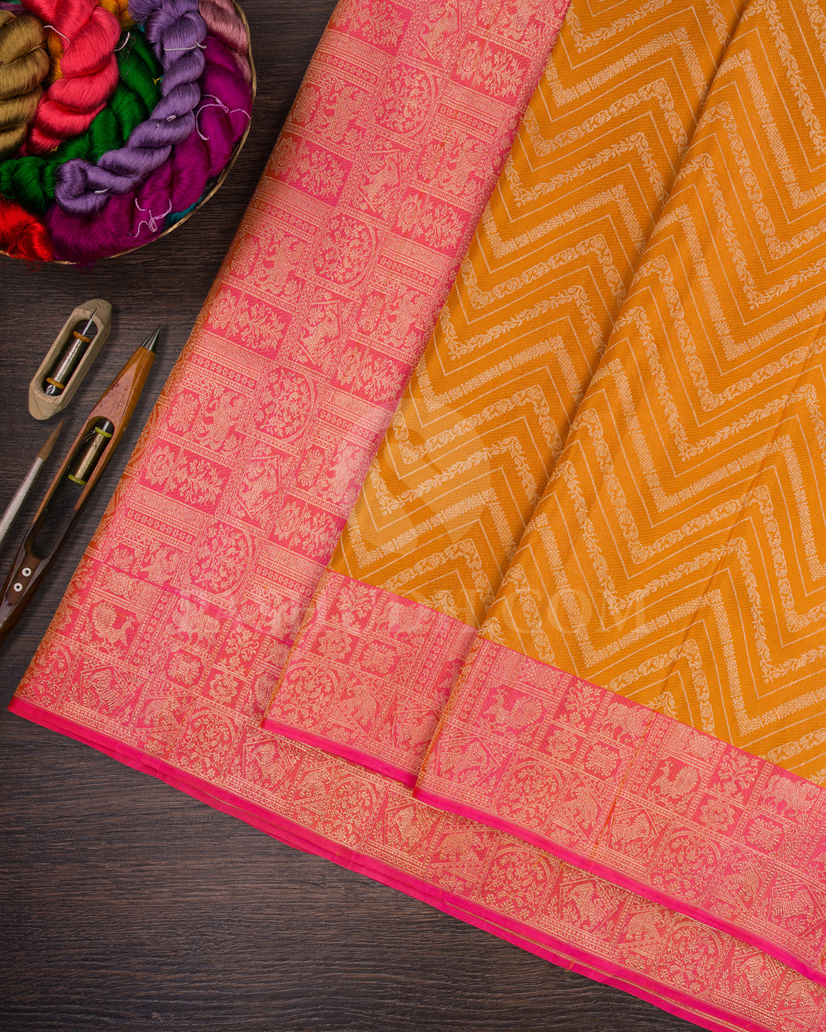 Mango Yellow And Candy Pink Kanjivaram Silk Saree - D567(B)