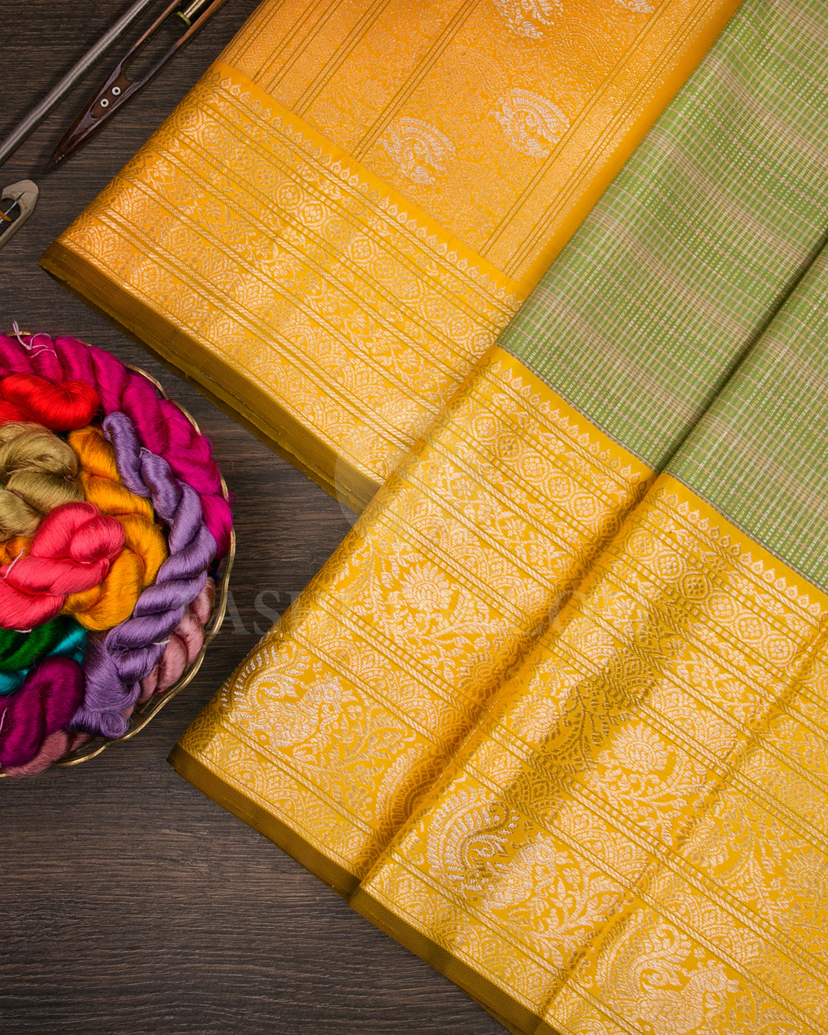 Pear Green And Mango Yellow Kanjivaram Silk Saree - S1336(B)