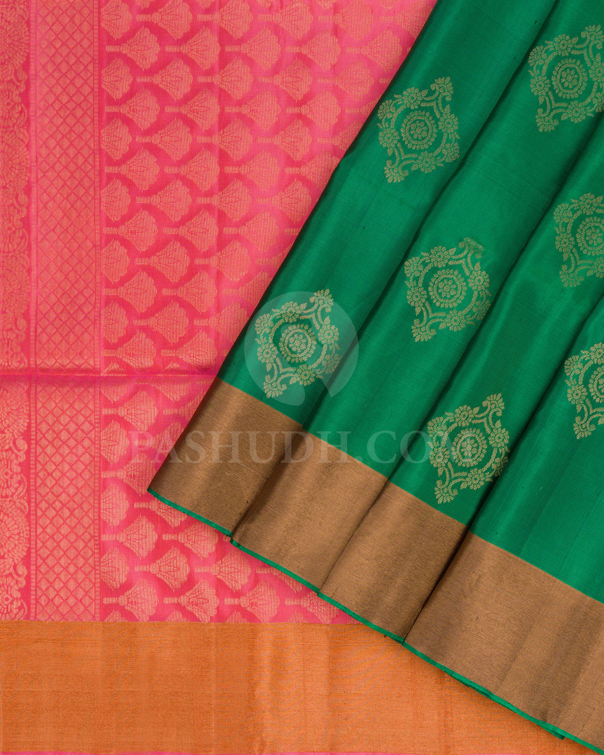 Forest Green and Peachy Pink Soft Silk Saree - AC61