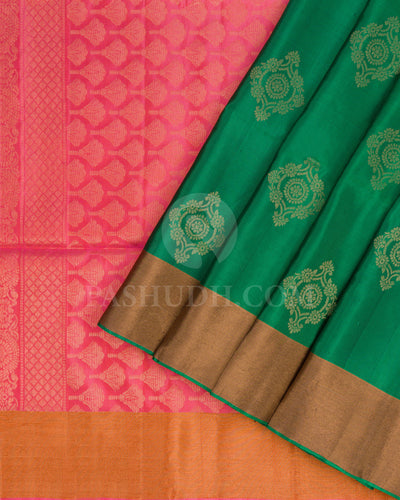 Forest Green and Peachy Pink Soft Silk Saree - AC61