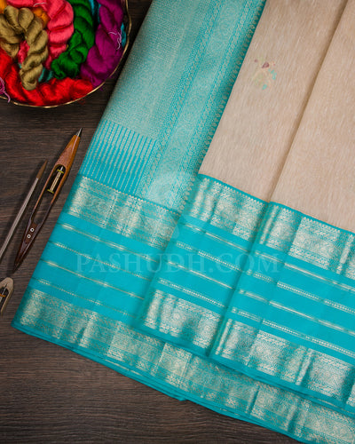 Off White And Turquoise Blue Linen Style Woven Kanjivaram Silk Saree - AK14