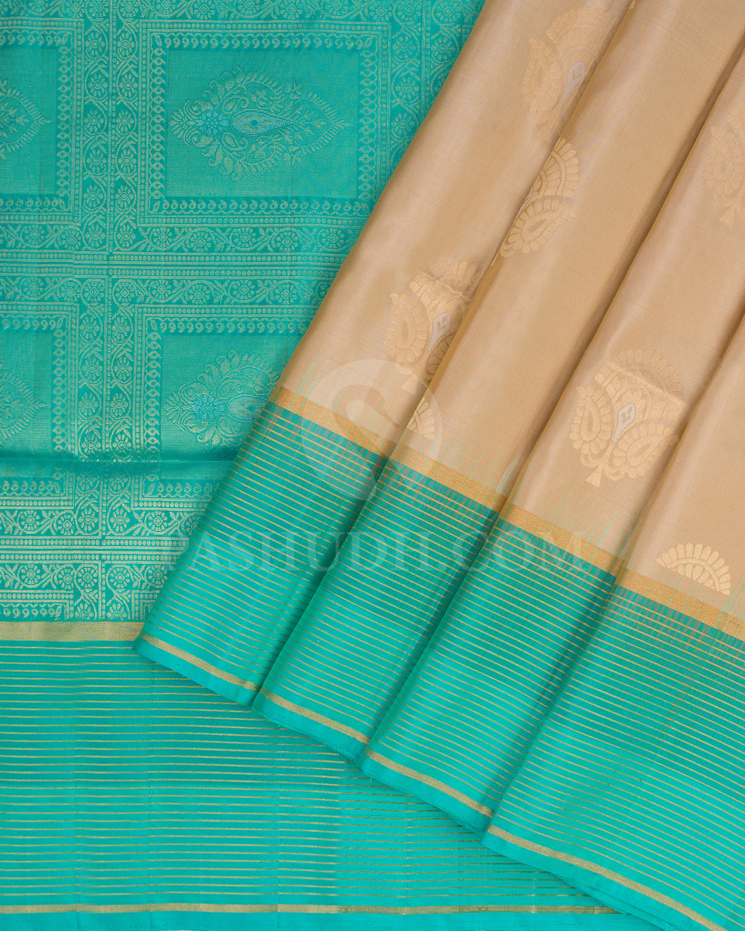 Beige and Turquoise Soft Silk Saree - AC79