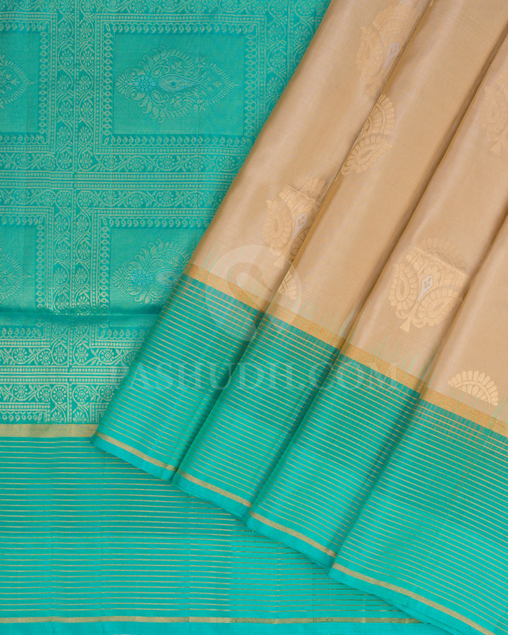 Beige and Turquoise Soft Silk Saree - AC79