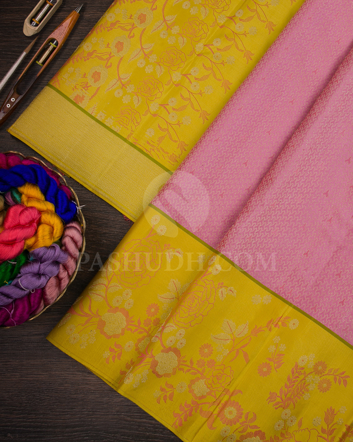 Baby Pink And Bumble Bee Yellow Kanjivaram Silk Saree - DJ344(A)