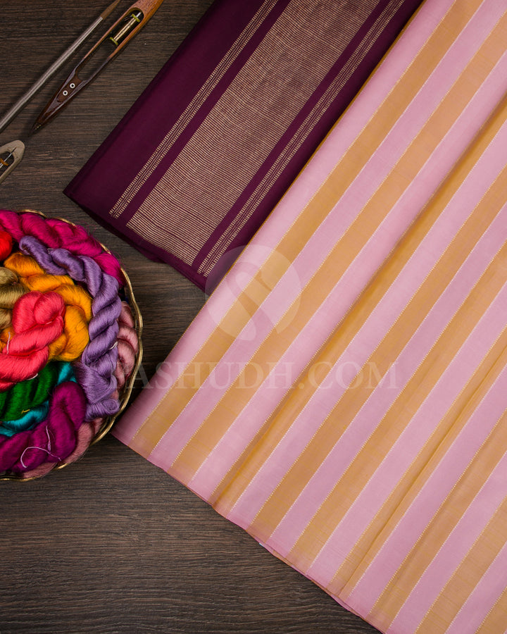 Beige, Baby Pink And Aubergine Borderless Traditional Kanjivaram Silk Saree - SVJ81