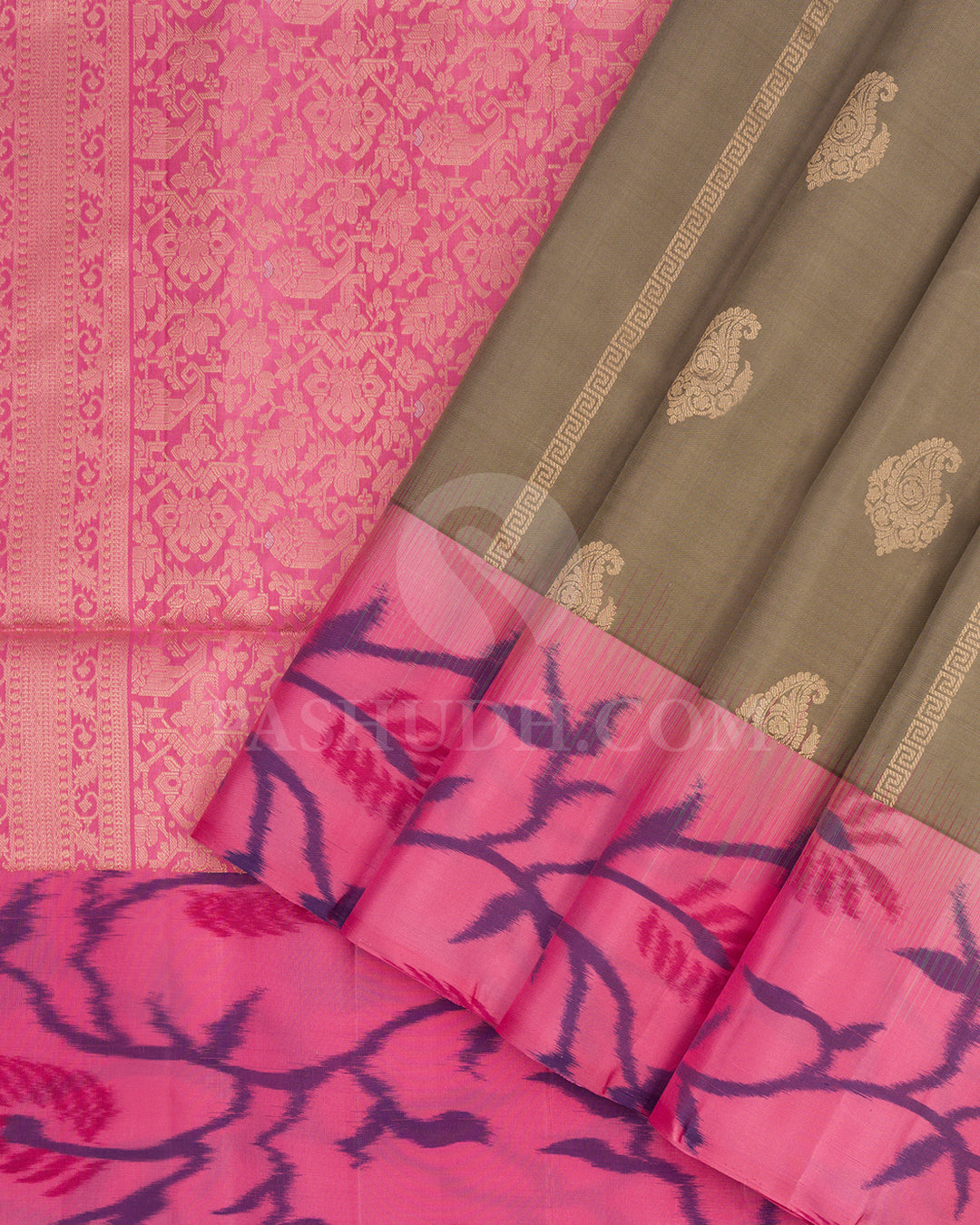 Khaki and Light Pink Soft Silk Saree - AC36