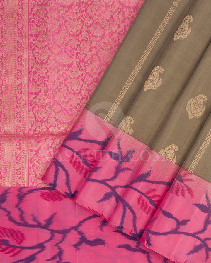 Khaki and Light Pink Soft Silk Saree - AC36