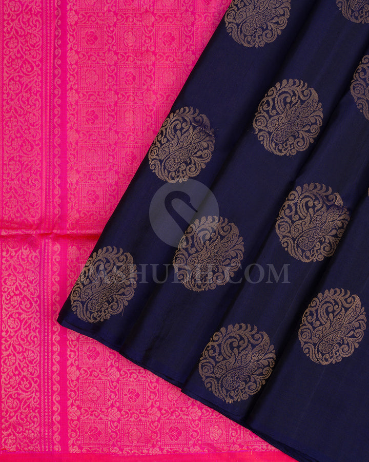 Navy Blue and Bright Pink Borderless Soft Silk Saree - AC28