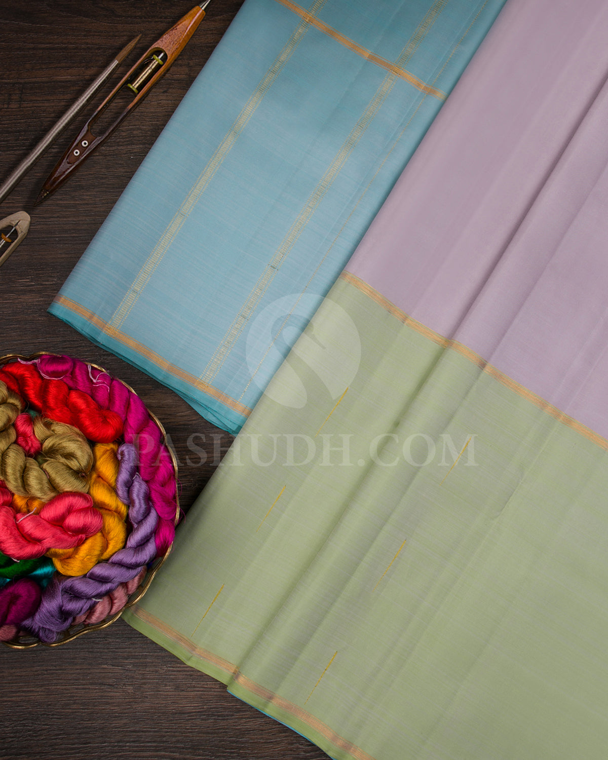 Lavender, Sage Green And Powder Blue Traditional Kanjivaram Silk Saree - SVJ93