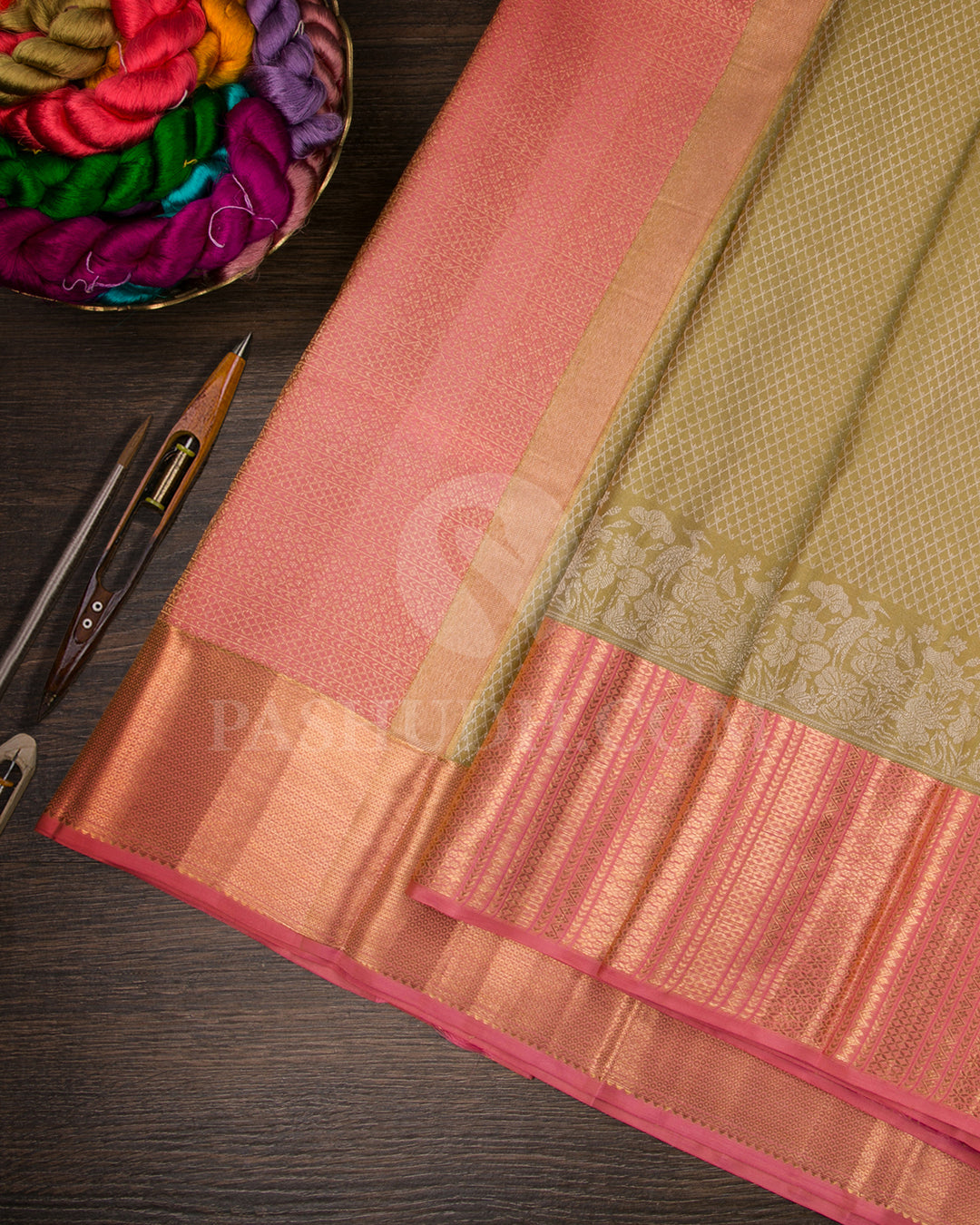 Golden Beige And Peachy Pink Kanjivaram Silk Saree - D572( C )