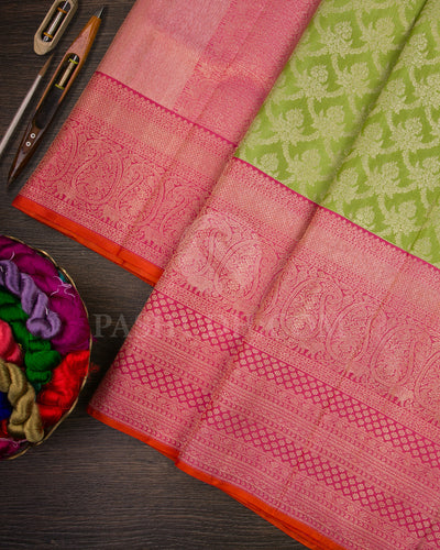 Parrot Green And Watermelon Pink Kanjivaram Silk Saree - S1372(A)