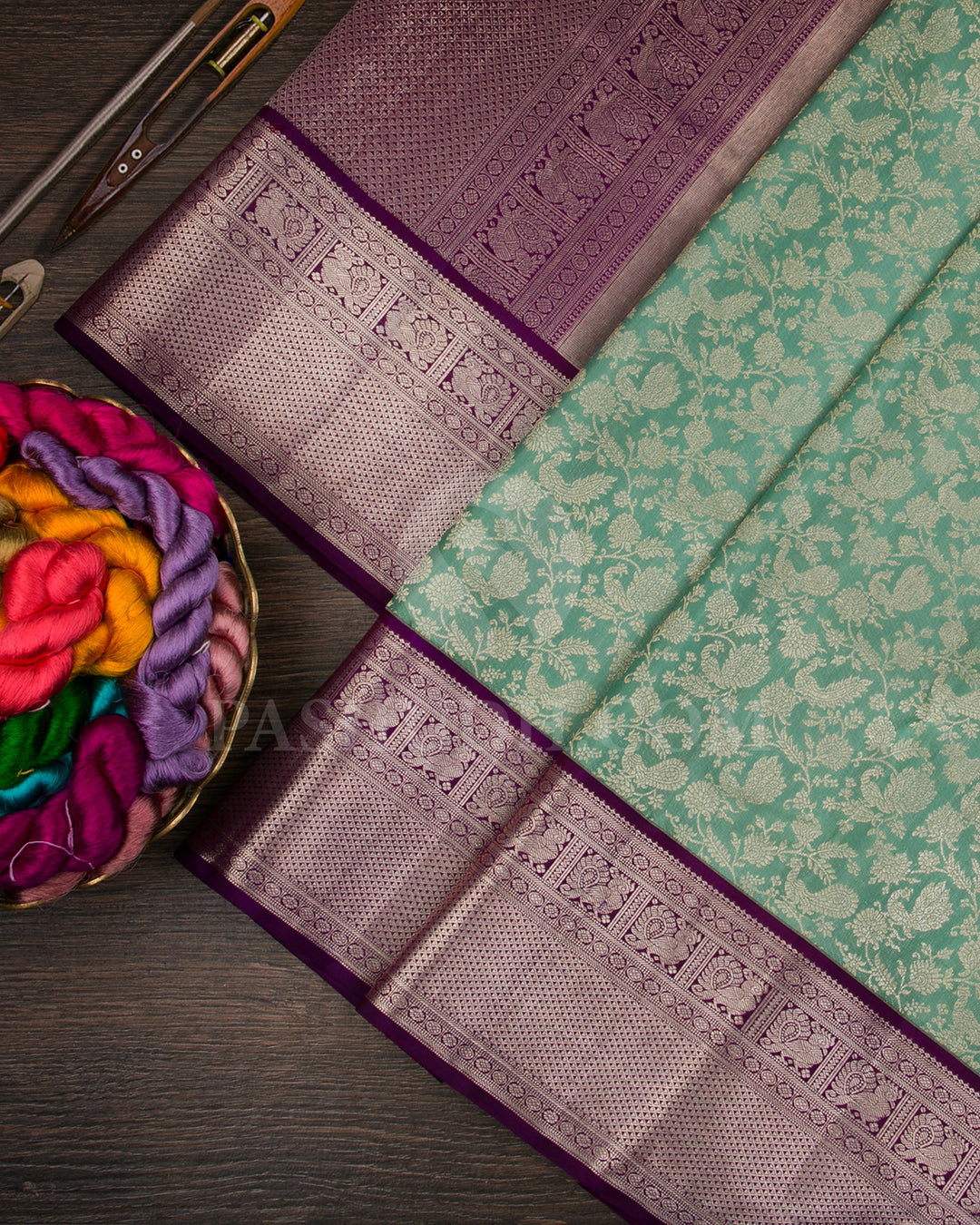Pastel Teal, Blue And Violet Kanjivaram Silk Saree - S1151(E)