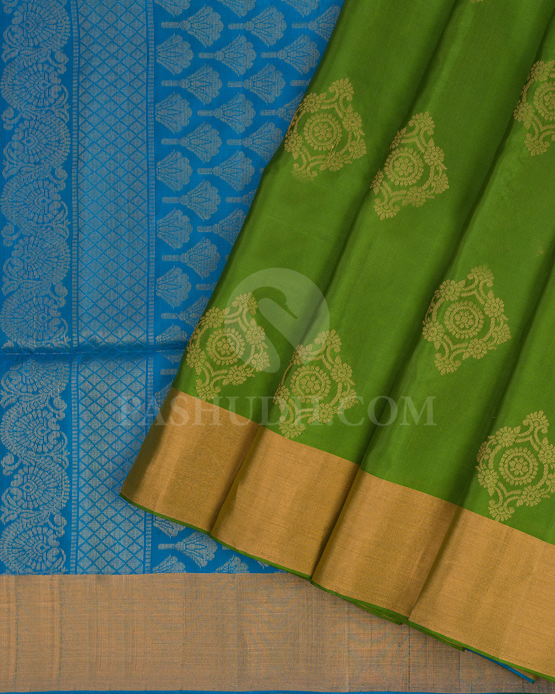 Olive Green and Anandha Blue Soft Silk Saree - AC44