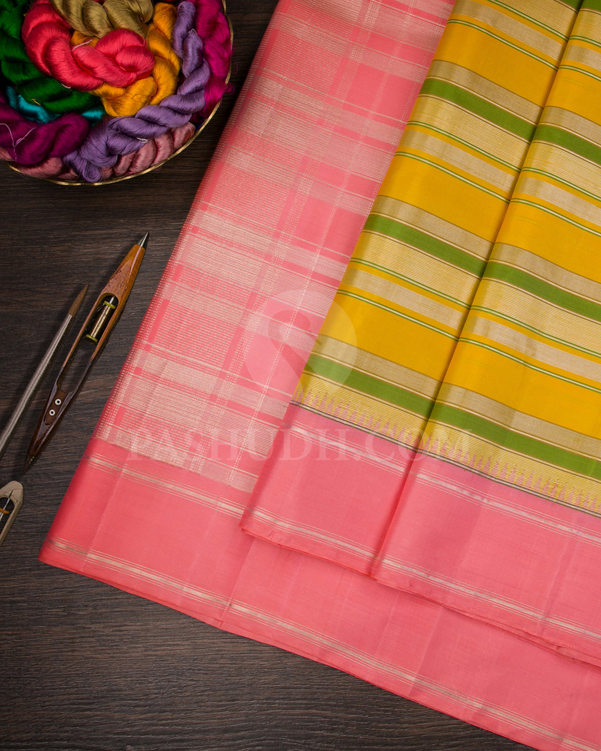 Mustard Yellow, Green And Peachy Pink Traditional Kanjivaram Silk Saree - AK16