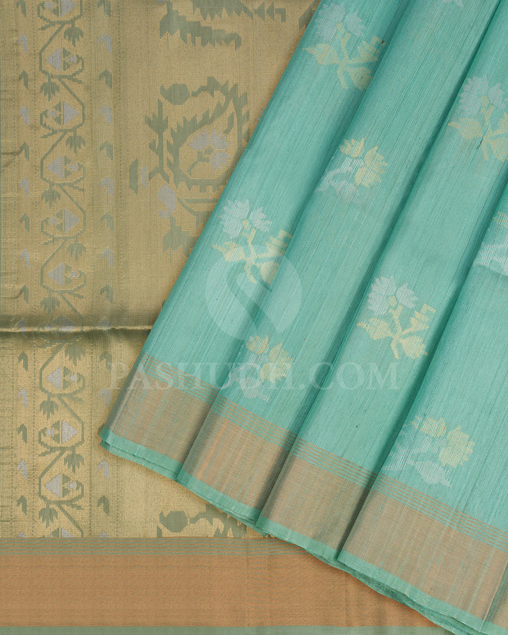 Poweder Blue and Sage Green Dupion Soft Silk Saree - AC83