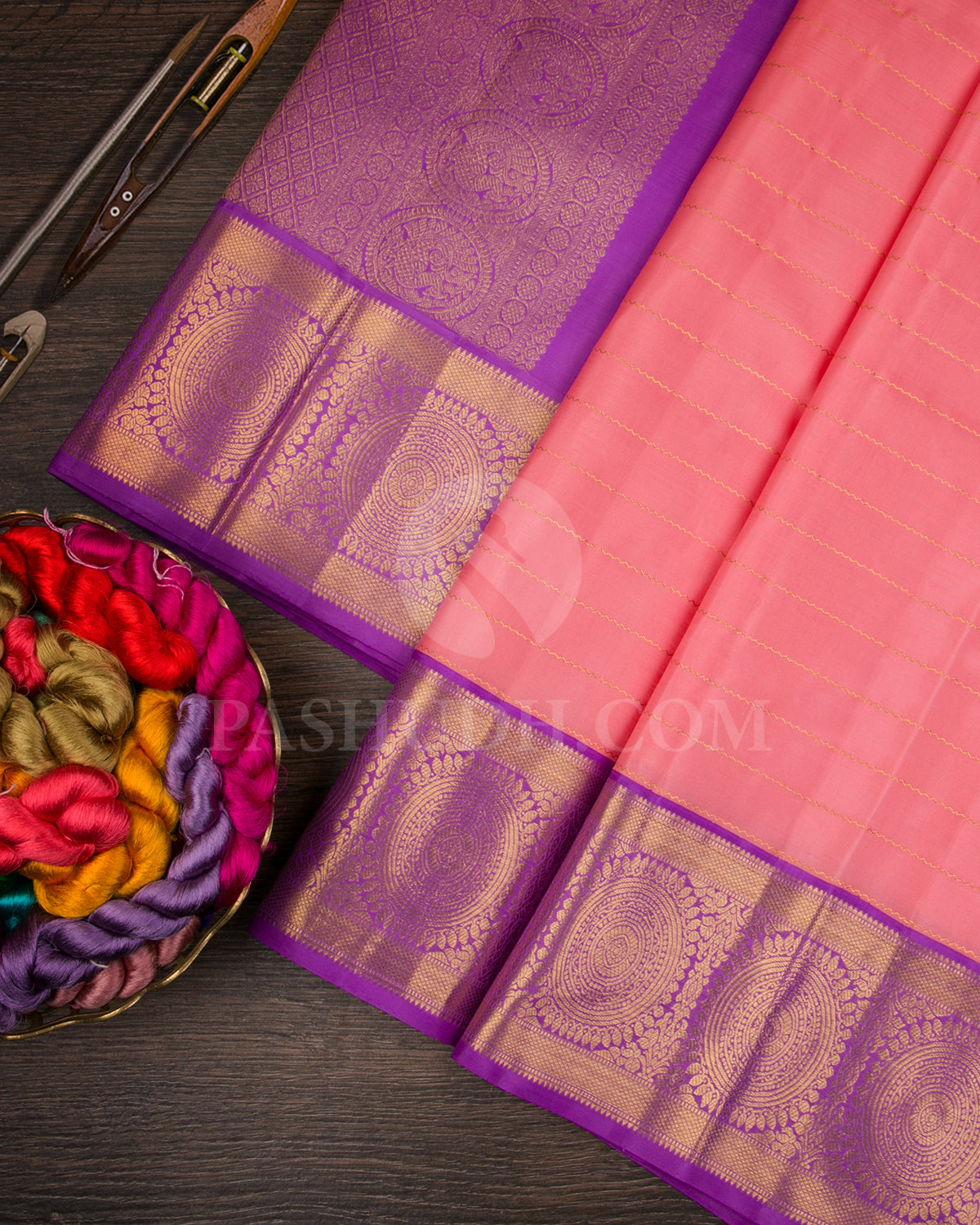 Peach And Lavender Traditional Kanjivaram Silk Saree - SVJ86