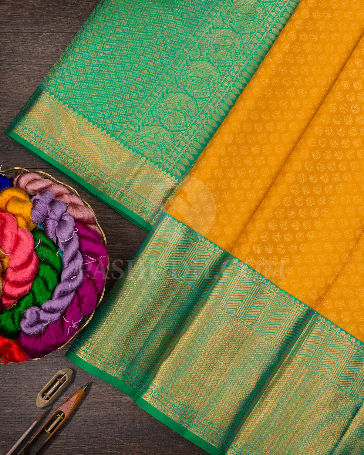 Mango Yellow And Emerald Green Kanjivaram Silk Saree - BKB8