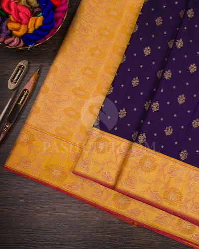 Navy Blue And Mango Yellow Pure Zari Kanjivaram Silk Saree - P171(A)