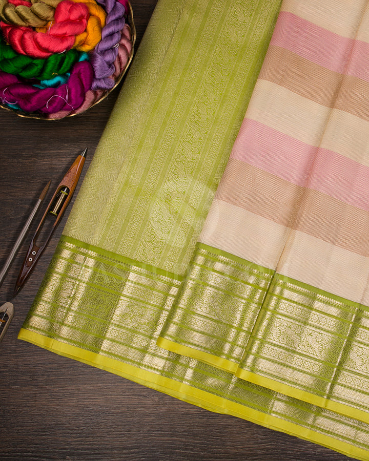 Off White, Light Pink, Beige And Leaf Green Kanjivaram Silk Saree - S1360(B)
