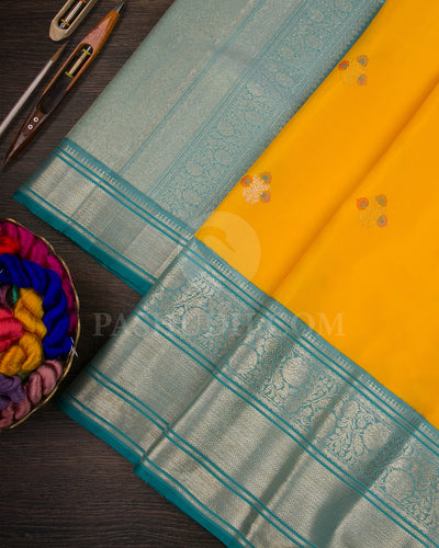 Turmeric Yellow And Light Teal Blue Kanjivaram Silk Saree - S1375(A)