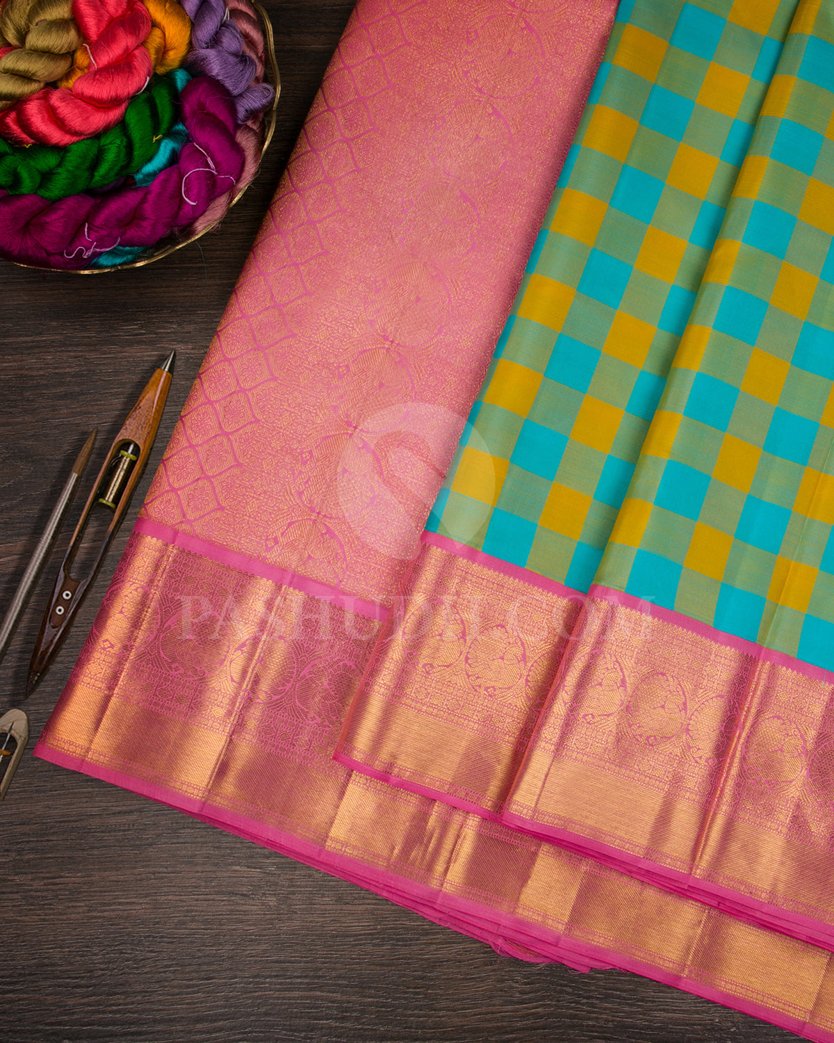 Mustard Yellow And Anandha Blue Checkered, Pink Traditional Kanjivaram Silk Saree - SVJ68