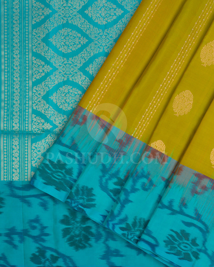 Olive Green and Turquoise Blue Soft Silk Saree - AC52