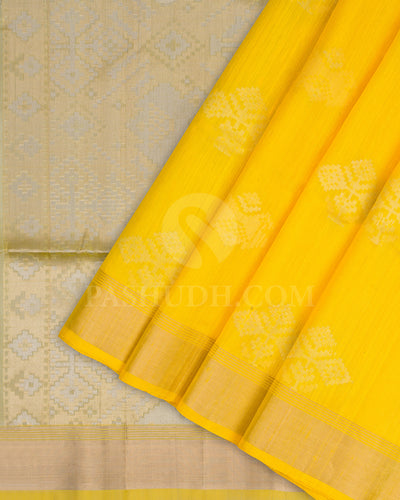 Bright Yellow and Grey Dupion Soft Silk Saree - AC62