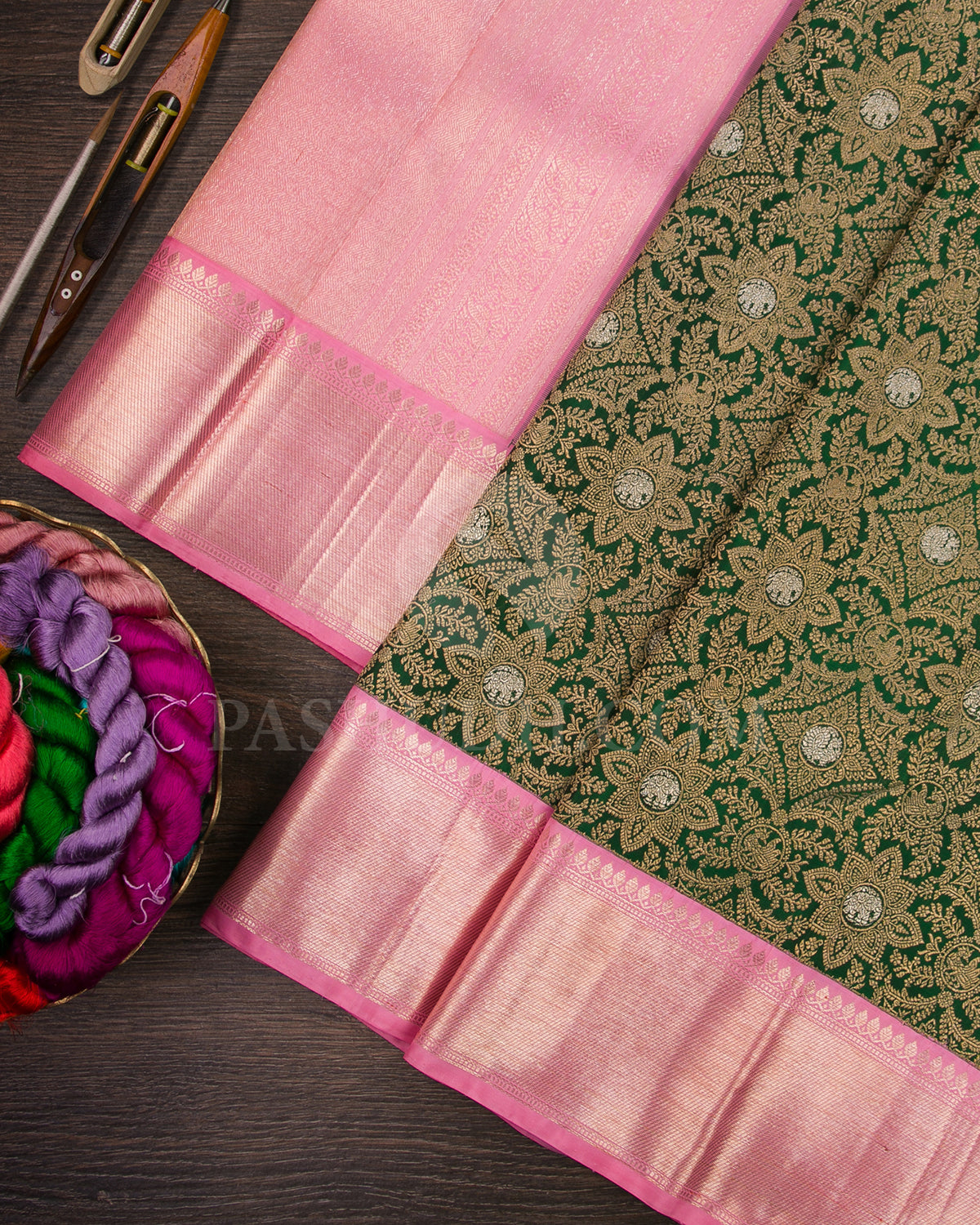 Forest Green and Baby Pink Kanijvaram Silk Saree - S1374(A)